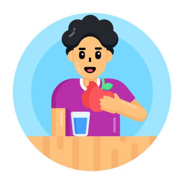 Beyaz arka planda bir fincan kahve ve pasta vektörü çizimi olan bir adam.