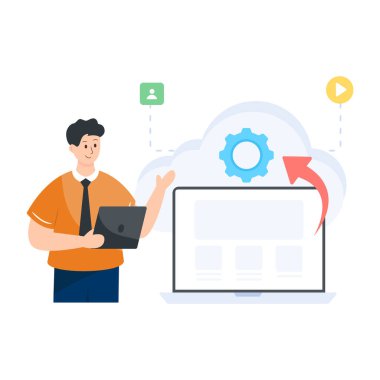 Dizüstü bilgisayarı ve bulut hesaplama vektörü çizimi olan iş adamı