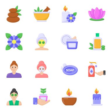 Spa ve sağlık ikonları ayarlandı. Web için güzellik salonu vektör sembolünün basit bir gösterimi