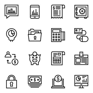 Bankacılık ve finans hattı simgeleri ayarlandı. vektör illüstrasyonu