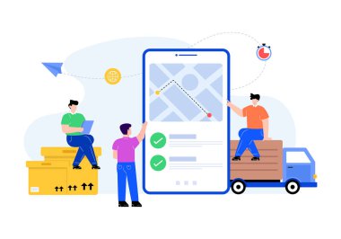 Akıllı telefonlu servis konsepti ve cep telefonlu kadın ve erkek kutuları ve online alışveriş vektörlü kutu.