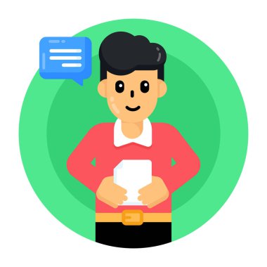 Akıllı telefonu ve konuşma baloncuğu çizimi olan adam