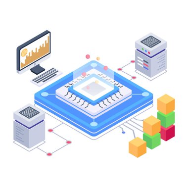 Seo ve teknoloji simgesinin izometrik vektör çizimi