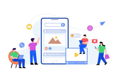 Akıllı telefon ve sosyal ağ vektör illüstrasyonuna sahip insanlar