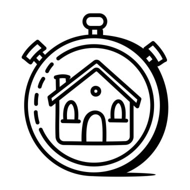 Beyaz arkaplanda izole edilmiş ev simgesi vektörü, saat şeffaf işareti, doğrusal konsept veya ana hatlar biçiminde logo tasarımı