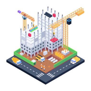 Farklı bina ve ekipmanlarla izometrik şehir binası. vektör illüstrasyonu