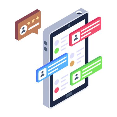 mobil uygulama simgesi. Beyaz arkaplanda izole edilmiş web tasarımı için sohbet vektör simgeleriyle akıllı telefonun izometriği