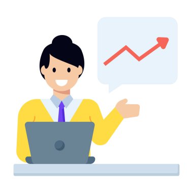 Dizüstü bilgisayarı ve grafik vektör çizimi olan iş kadını