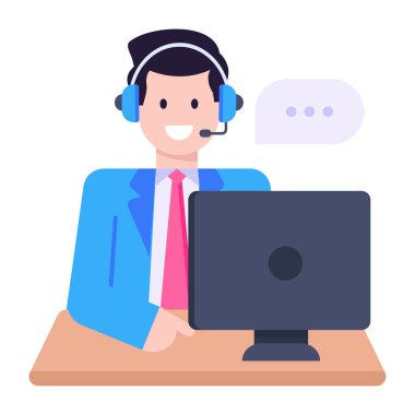 Kulaklık ve dizüstü bilgisayar vektör illüstrasyonlu çağrı merkezi operatörü