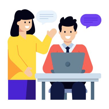 İş adamları dizüstü bilgisayar ve konuşma kabarcığı tasarımı ile çalışıyorlar