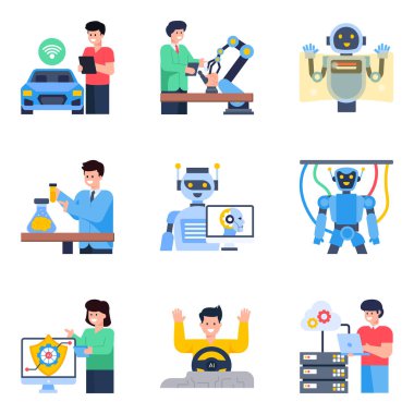 Robotların ve bilimin vektör simgeleri kümesi.