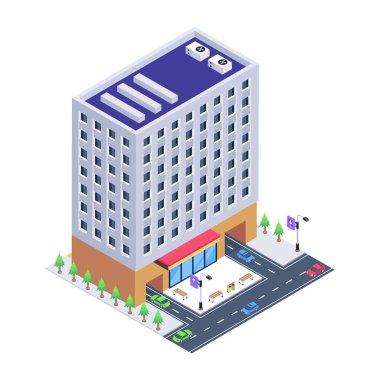 Modern binaları ve gökdelenleri olan izometrik şehir binası. vektör illüstrasyonu