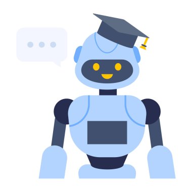 Mezuniyet şapkası ve sohbet balonu olan robot