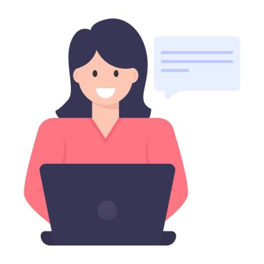 Dizüstü bilgisayarı ve konuşma kabarcığı çizimi olan kadın