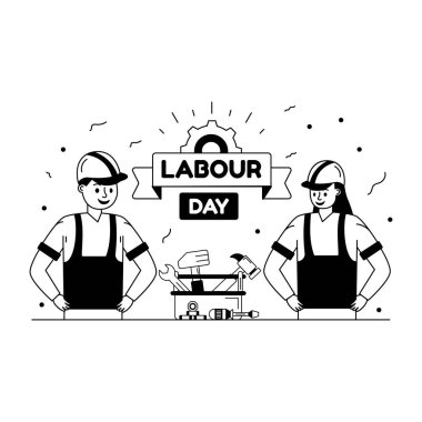 araçları ve kask vektör illüstrasyon tasarımı olan işçiler