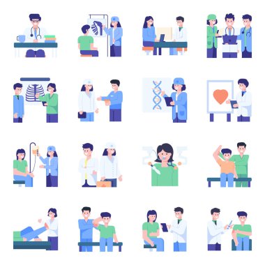 Doktor ve hemşire ikonları hazır. Web için tıbbi doktorlar vektör simgesinin karikatür çizimi