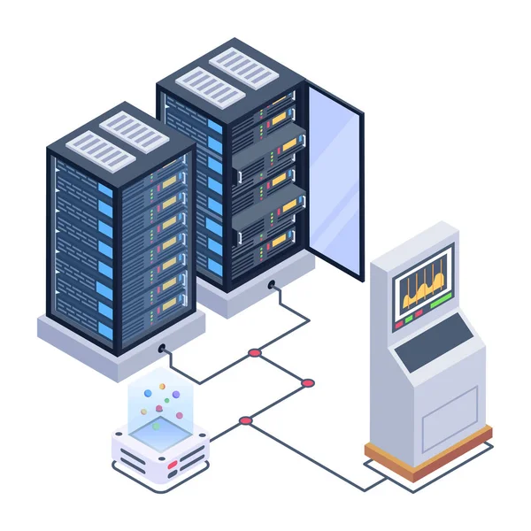 Isometrischer Serverraum Mit Servern Und Datenbank Vektorillustration — Stockvektor