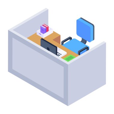 Dizüstü bilgisayarlı izometrik ofis masası, vektör illüstrasyonu