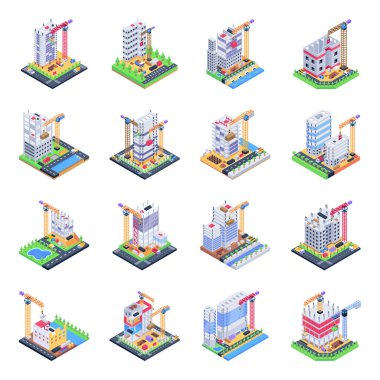 Sanayi fabrikası oluşturma izometrik simgeleri vektör illüstrasyonunu ayarladı