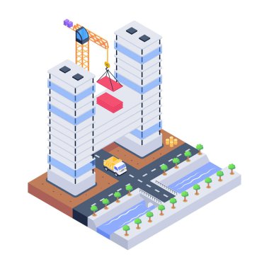 Fabrika vektör illüstrasyonlu izometrik şehir binası