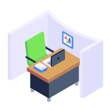 Bilgisayar ve tablo vektör illüstrasyonlu izometrik ofis masası