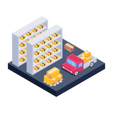 Kutuları ve konteynırları olan bir dağıtım kamyonunun izometrik vektör çizimi.