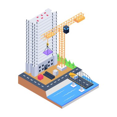 İnşaat alanı vektör illüstrasyon tasarımlı izometrik şehir binası