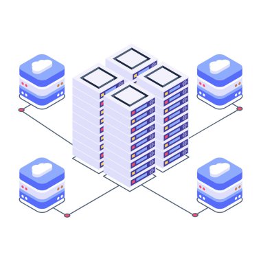 Sunucuları ve veritabanı olan izometrik sunucu odası. vektör illüstrasyonu