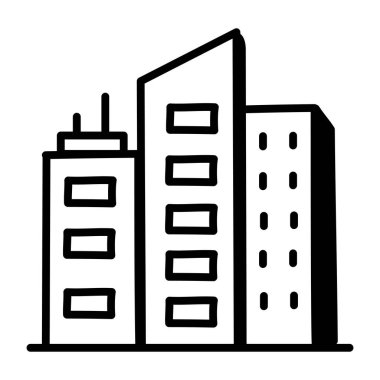 Beyaz arkaplanda izole edilmiş taslak biçimli bina simgesi. gökdelen sembolü