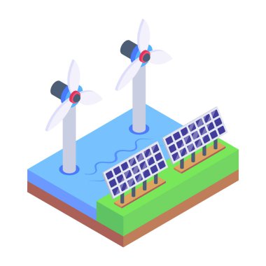 İzometrik rüzgar enerjisi ikonu. Web için güneş değirmeni vektör simgelerinin karikatür çizimi