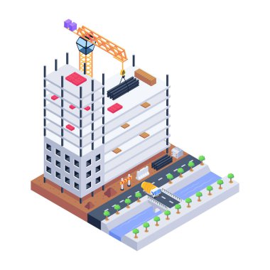 Fabrika inşaatı izometrik vektör çizimi