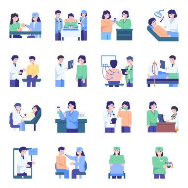 Doktorlar ve hemşireler düz stile sahip. vektör illüstrasyonu.