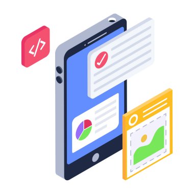 İzometrik cep telefonlu akıllı telefon ve ekranında metin olan tablet. vektör illüstrasyonu