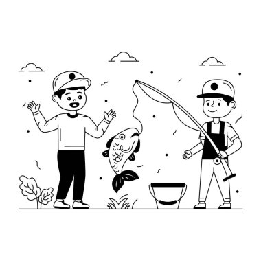 Çocuk balık ve olta vektör çizimi tasarımıyla balık tutuyor