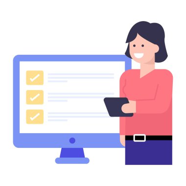 Pano ve dizüstü bilgisayar vektör illüstrasyon tasarımlı kadın