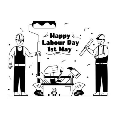 Araç gereç ve işçi vektör çizim tasarımı ile mutlu çalışma günü