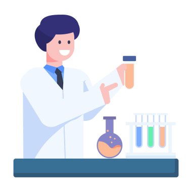 Elinde deney tüpü ve matarası olan bir bilim adamı. vektör illüstrasyonu