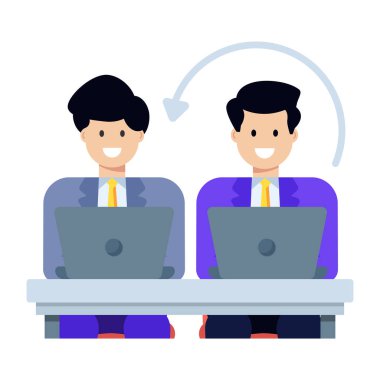 Dizüstü bilgisayar vektör illüstrasyon tasarımı ile çalışan iş adamları