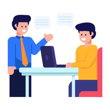 Dizüstü bilgisayarı ve konuşma kabarcığı çizimi olan iş adamı