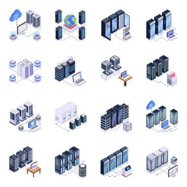 Şehir tasarımı için set koleksiyonunda izometrik simgeler oluşturuluyor. Yapı, ev ve diğer vektör sembolü örnekleme.