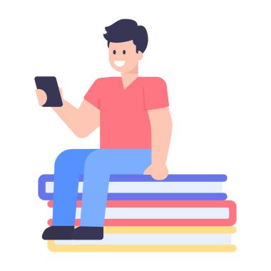 Akıllı telefon ve kitap vektörü illüstrasyonlu adam