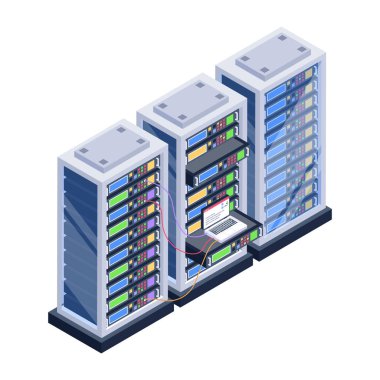 Sunucuları ve veritabanı olan bir sunucu odasının vektör illüstrasyonu