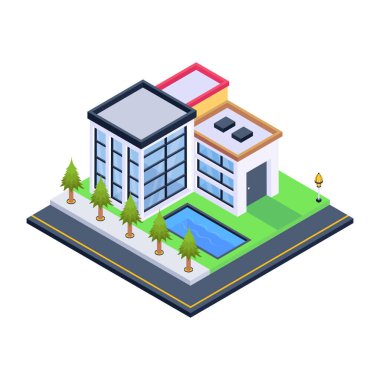 Yeşil çatılı ve yol vektör resimli izometrik şehir binası