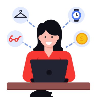 Dizüstü bilgisayar alışveriş vektörü illüstrasyonlu kadın