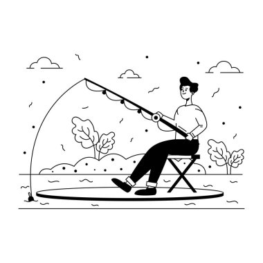 Salıncakta balık tutan adam. vektör illüstrasyonu