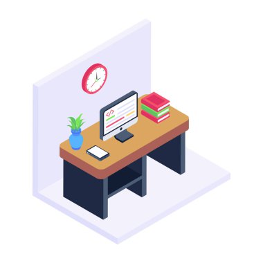 Çalışma odası masa ve dizüstü bilgisayarlı masa ve malzeme vektör illüstrasyonu