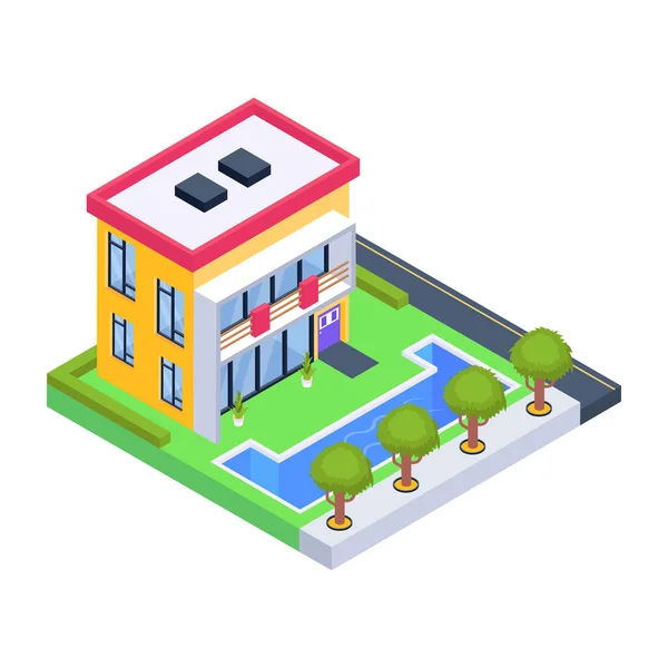 Isometric City Building House Road Vector Illustration — Stock Vector