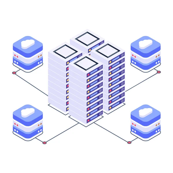 Sunucuları ve veritabanı olan izometrik sunucu odası. vektör illüstrasyonu