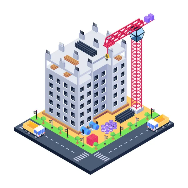 Bâtiment Isométrique Avec Bâtiments Urbains Illustration Vectorielle Route — Image vectorielle