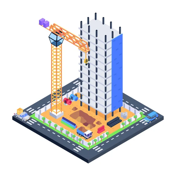 Vinç vektör illüstrasyonlu izometrik şehir binası